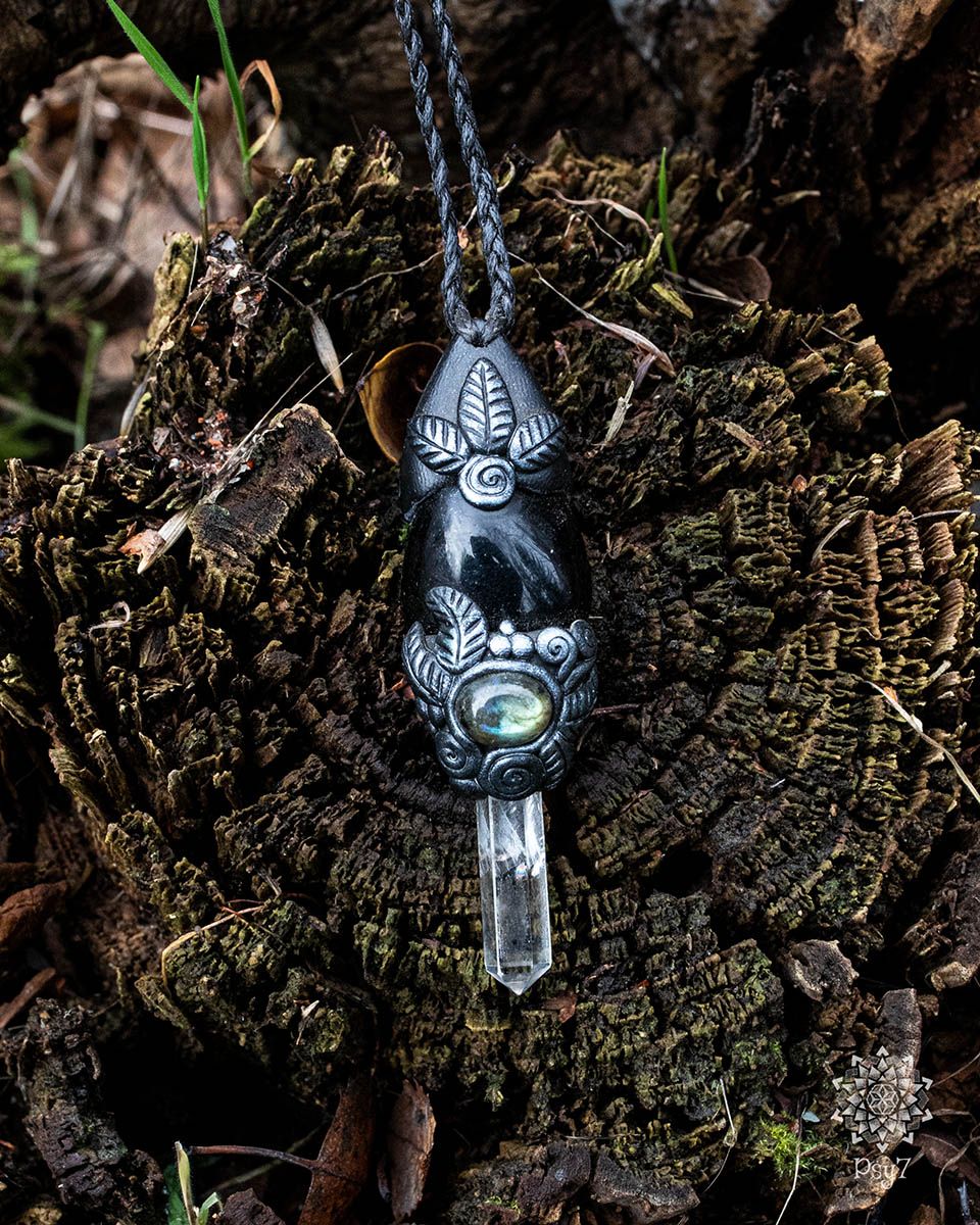 Amulett | Halskette - Bergkristall - Labradorit - Gagat