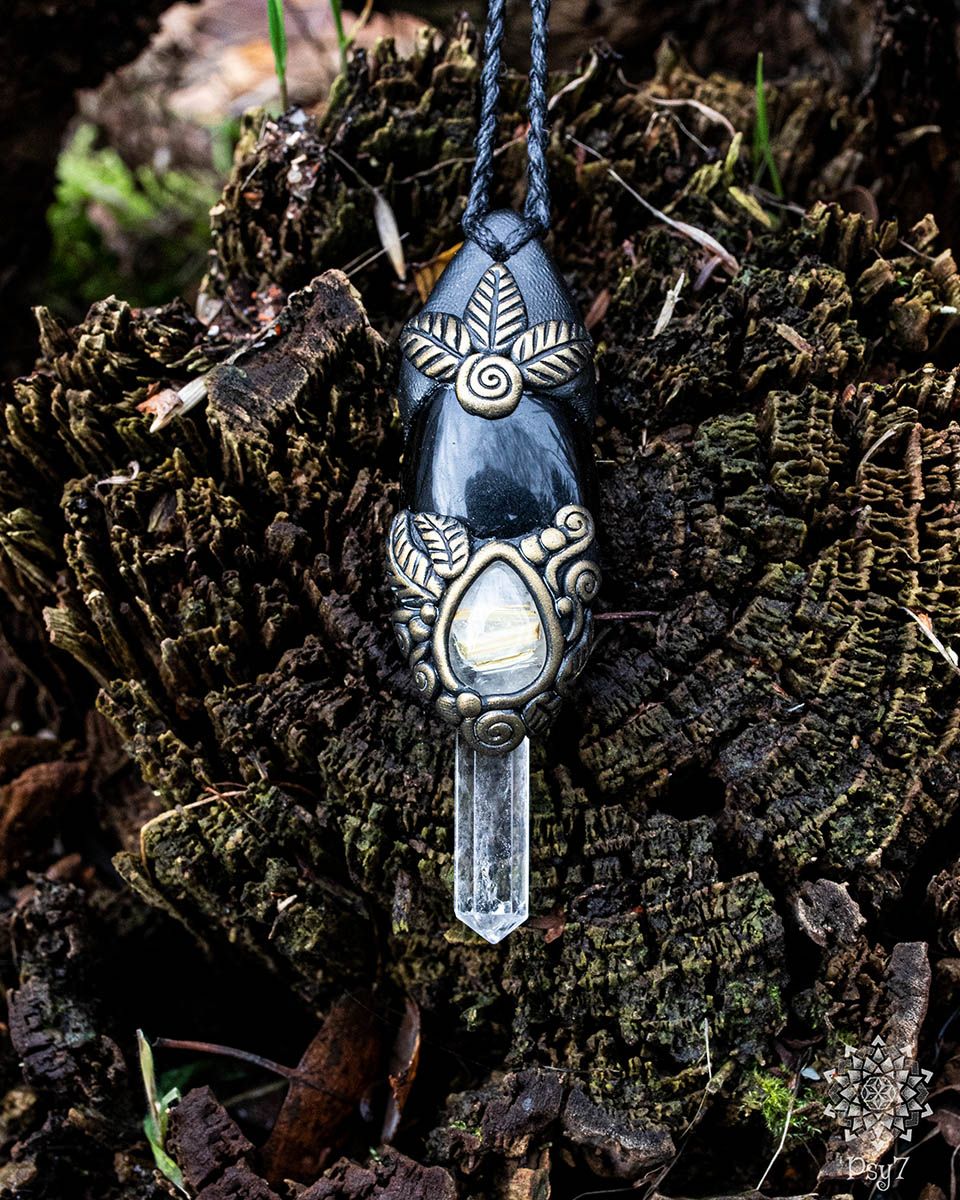 Amulett | Halskette - Bergkristall - Rutilquarz - Gagat